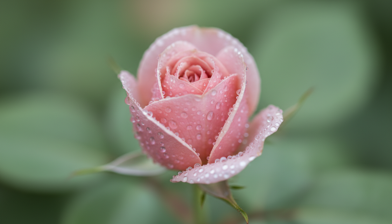 Delicate rosebud with dew drops, symbolizing new beginnings