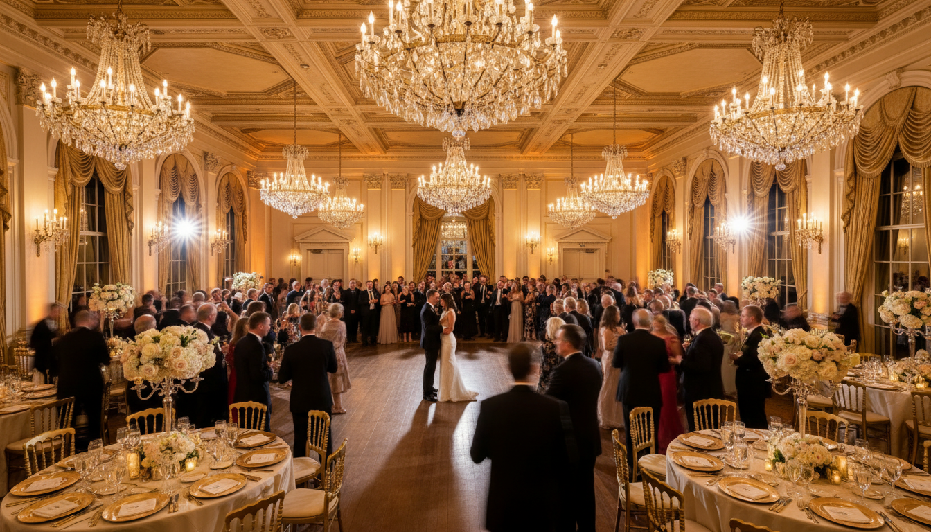 Elegant Ballroom wedding reception with chandeliers and decorated tables