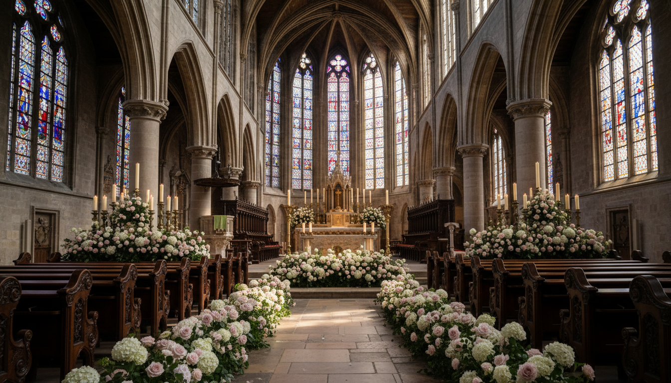 Grand Cathedral interior with altar adorned with flowers and sunlight through arched windows