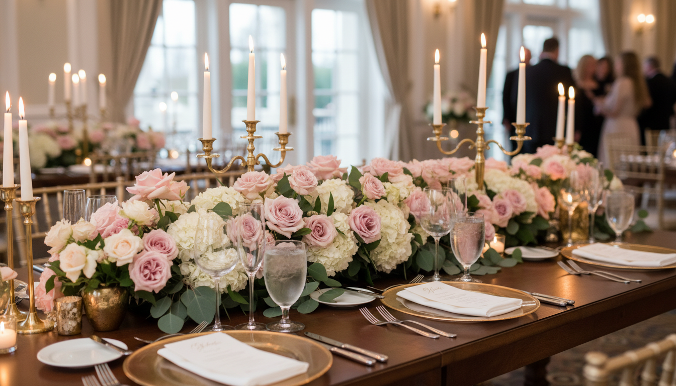 Head table setup with floral arrangements