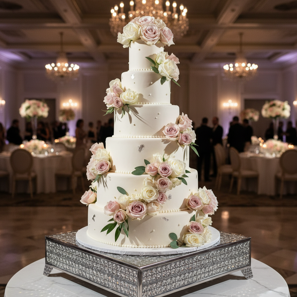 Wedding cake adorned with roses on display