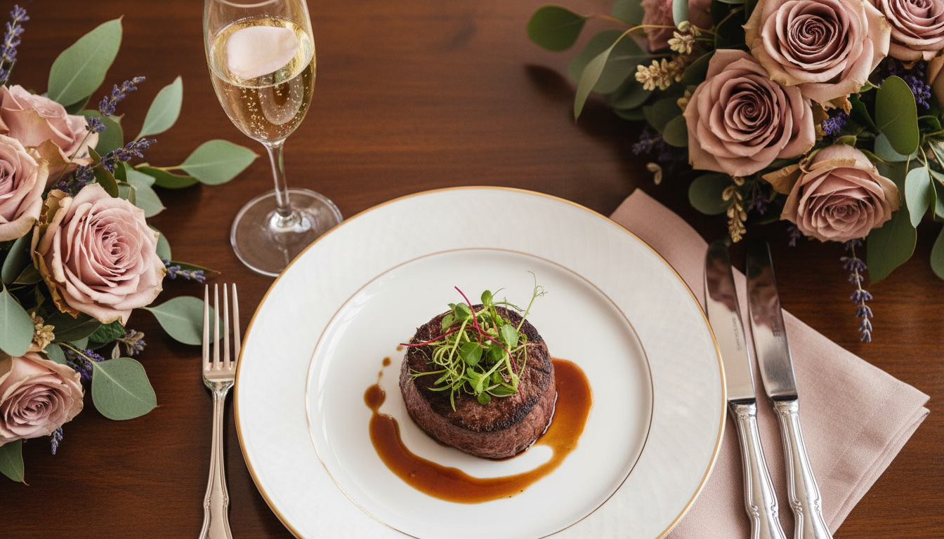 Elegant table setting with gourmet wedding reception food