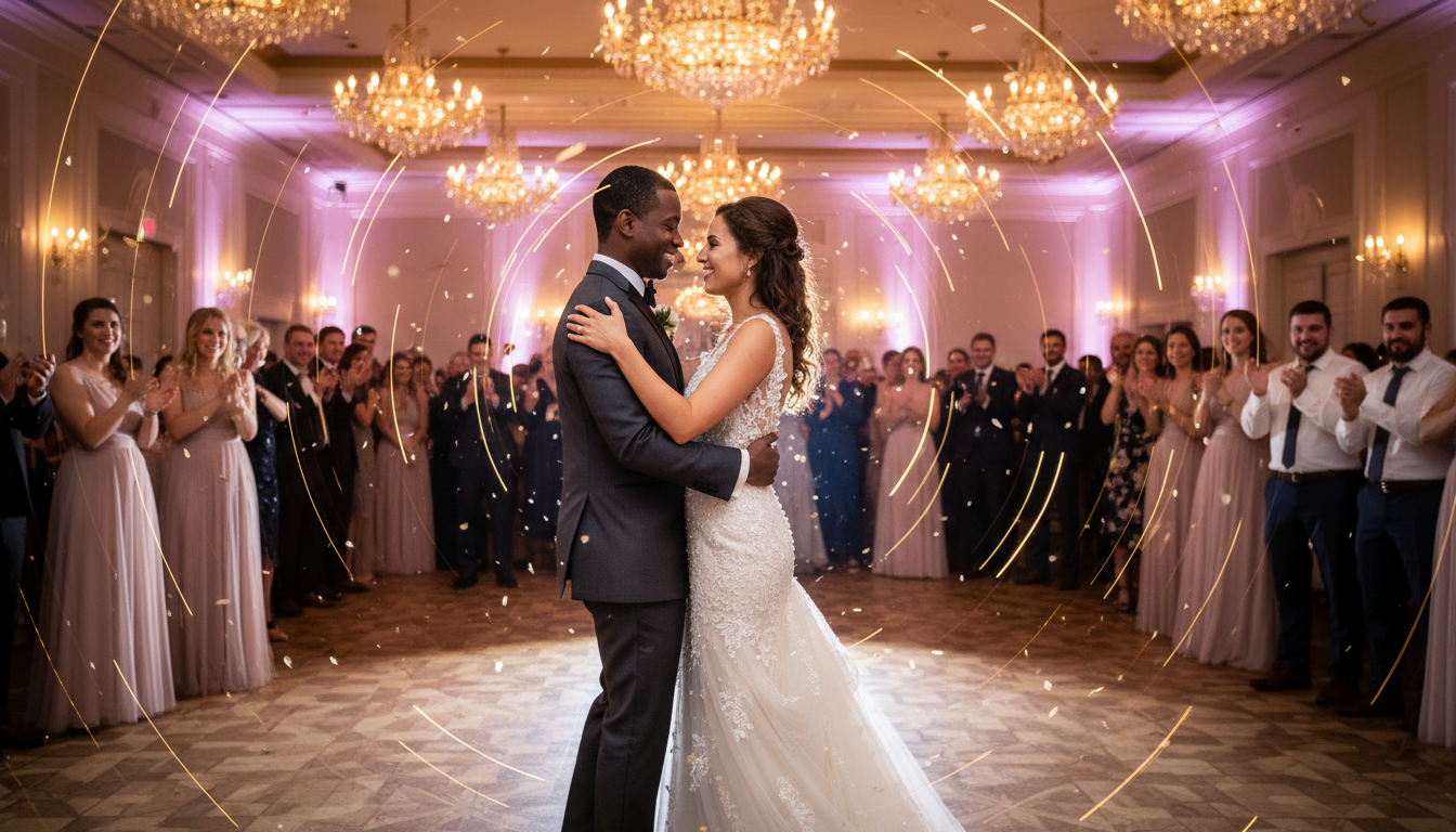 Newlywed couple sharing their first dance in the Elegant Ballroom