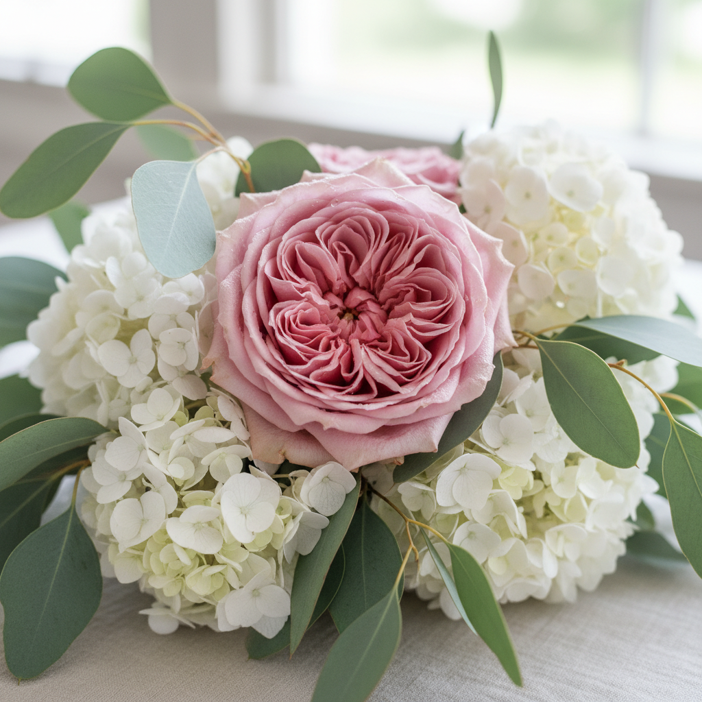 Lavish floral centerpiece with pink roses and hydrangeas