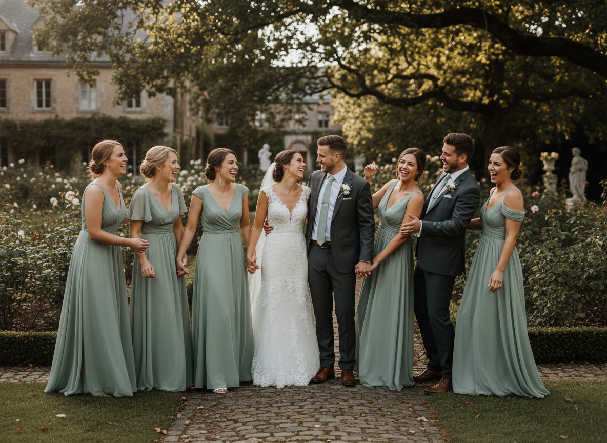 Bridal party laughing in the gardens