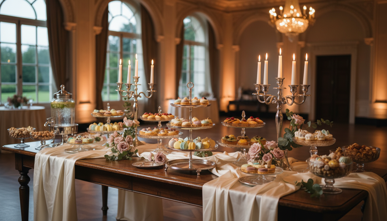 Elegant dessert bar with pastries and cake