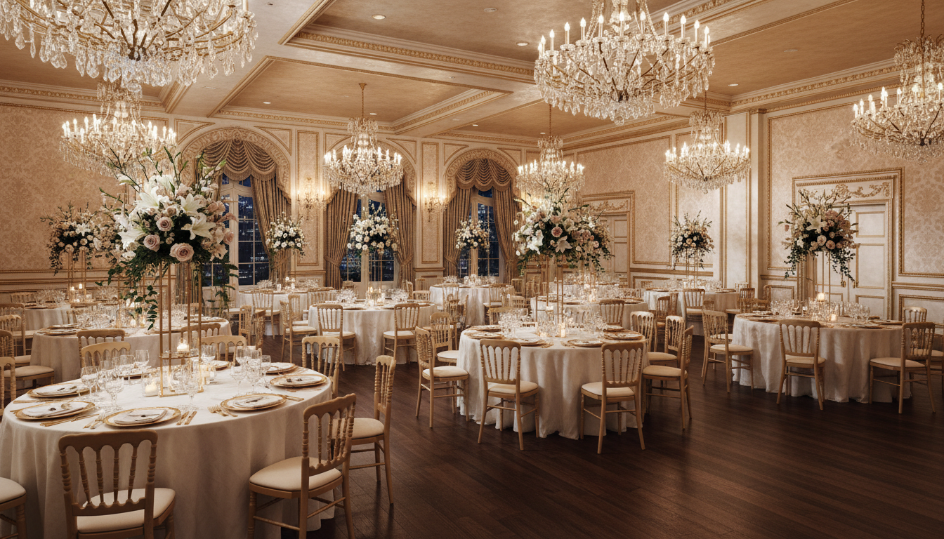 Luxurious Ballroom set for wedding reception with elegant tables and crystal chandeliers