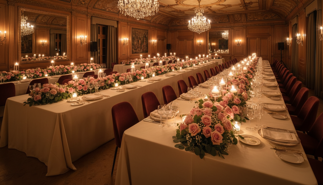 Ballroom configured for banquet-style reception