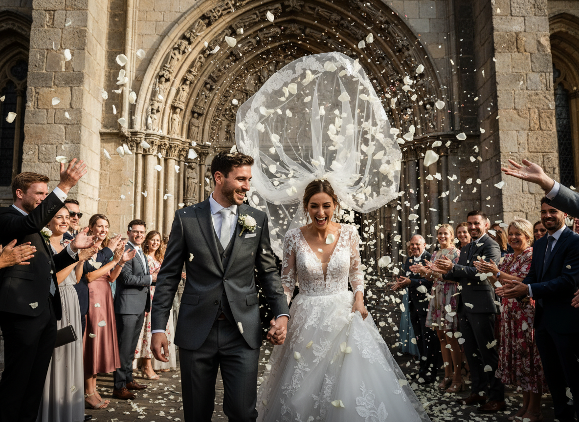 Wedding couple exiting Cathedral with rose petal shower