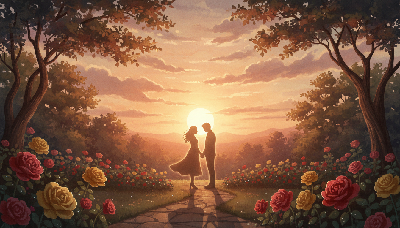 Couple in golden hour garden silhouette