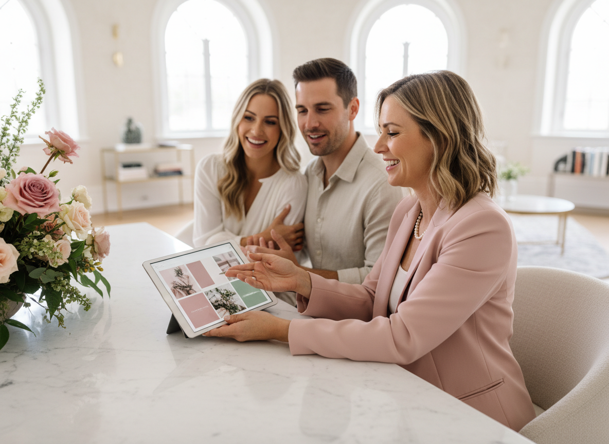 Wedding planner discussing with engaged couple at consultation