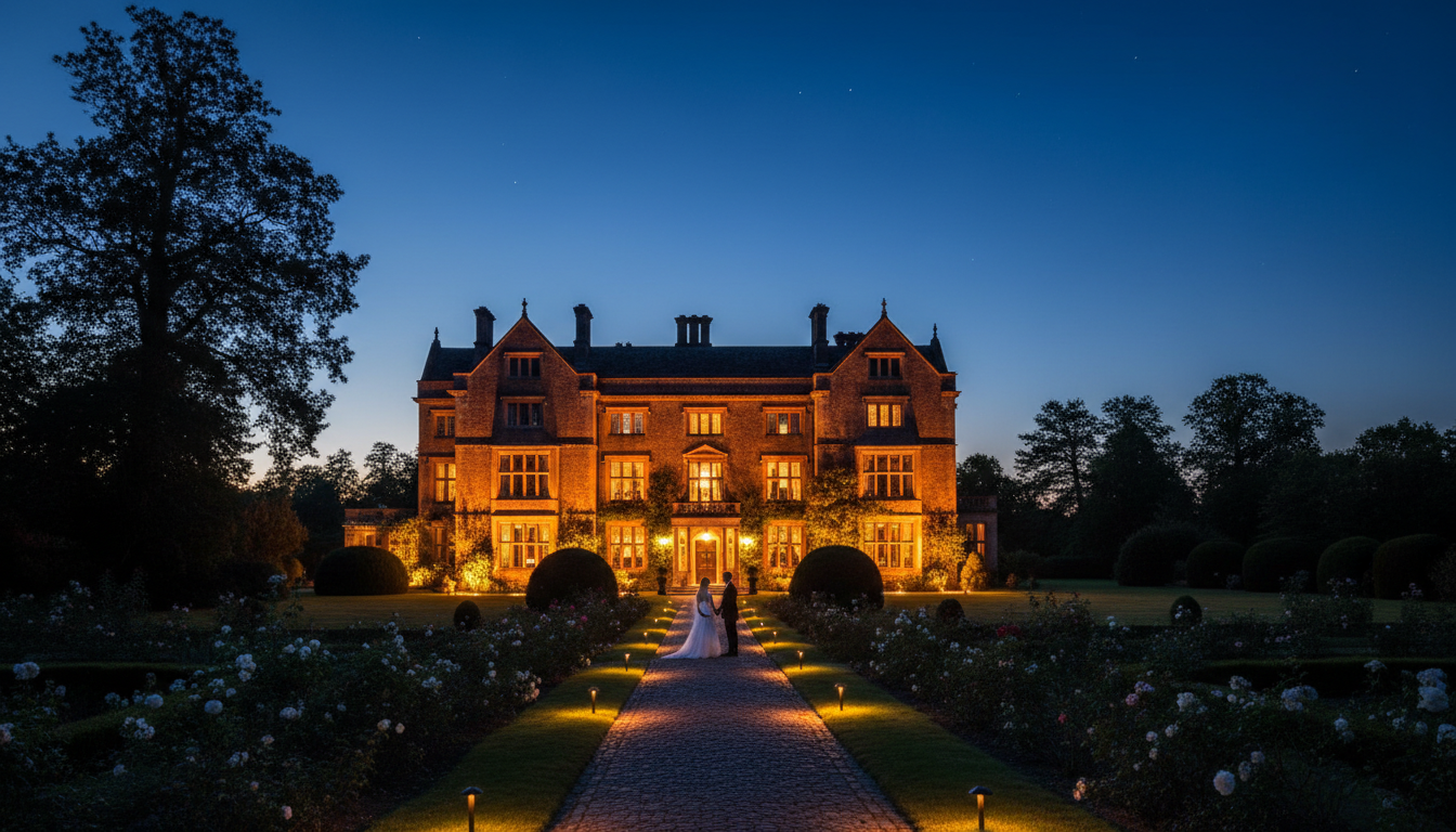 Rose Hill estate exterior at dusk with warm lighting