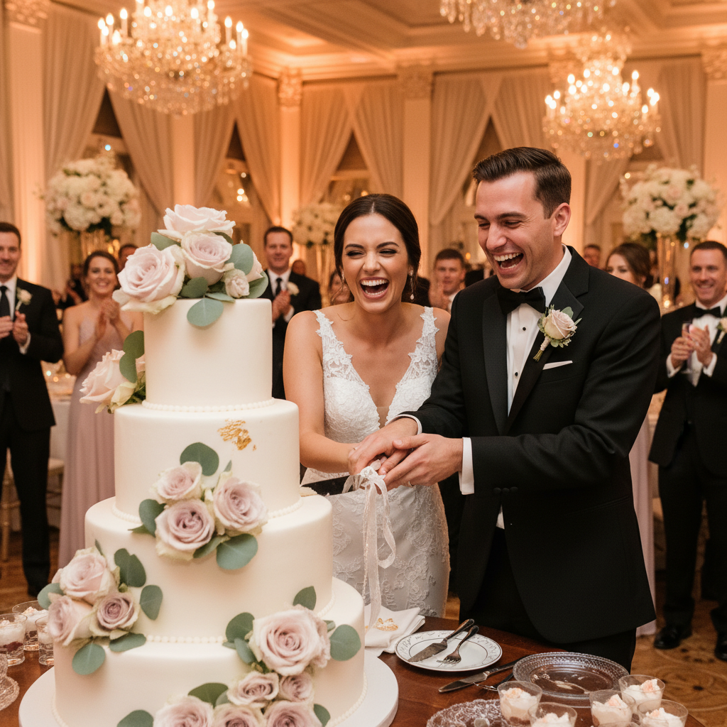 Jessica and Chris cutting wedding cake